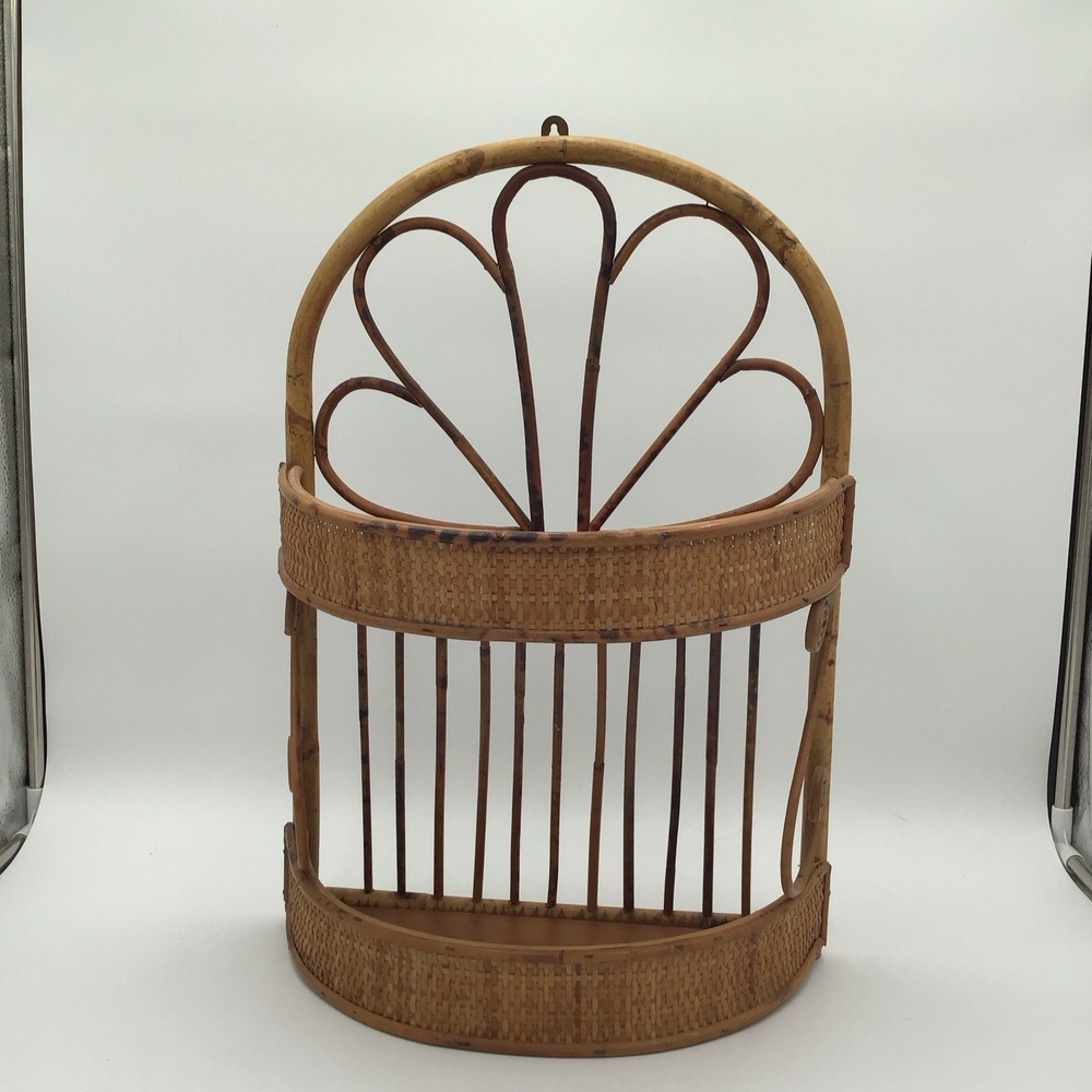 Vintage 1970's 2 Tier Rattan Burnt Bamboo Hanging Foldable Wall Shelf BOHO